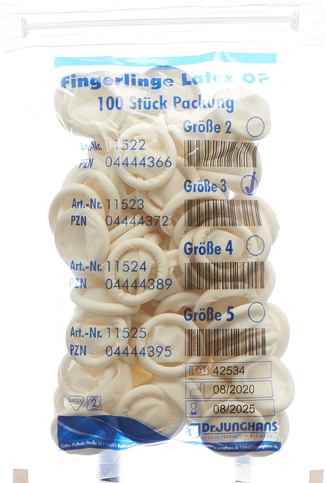 DR. JUNGHANS Fingerlinge Latex Gr3 puderfr 100 Stk