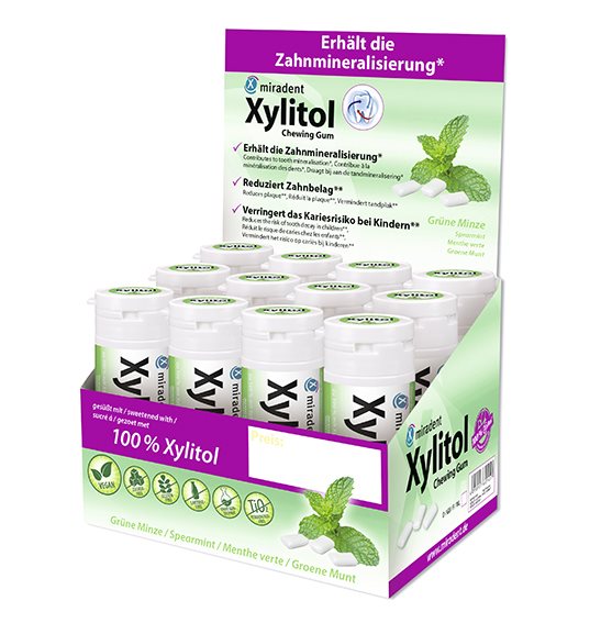 MIRADENT Xylitol Kaugummi Spearmint 12 x 30 Stk