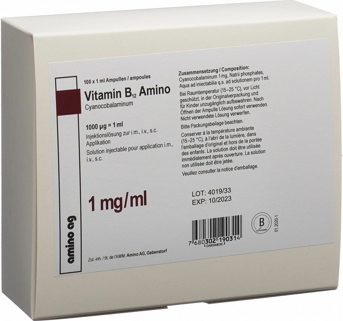 VITAMINE B12 Amino sol inj 1000 mcg 10 amp 1 ml