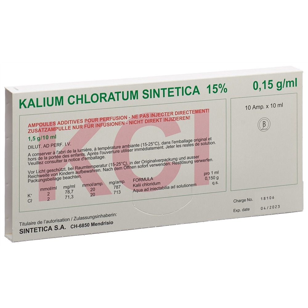 KCL 15% Sintetica 20 mmol/10ml 10 amp 10 ml