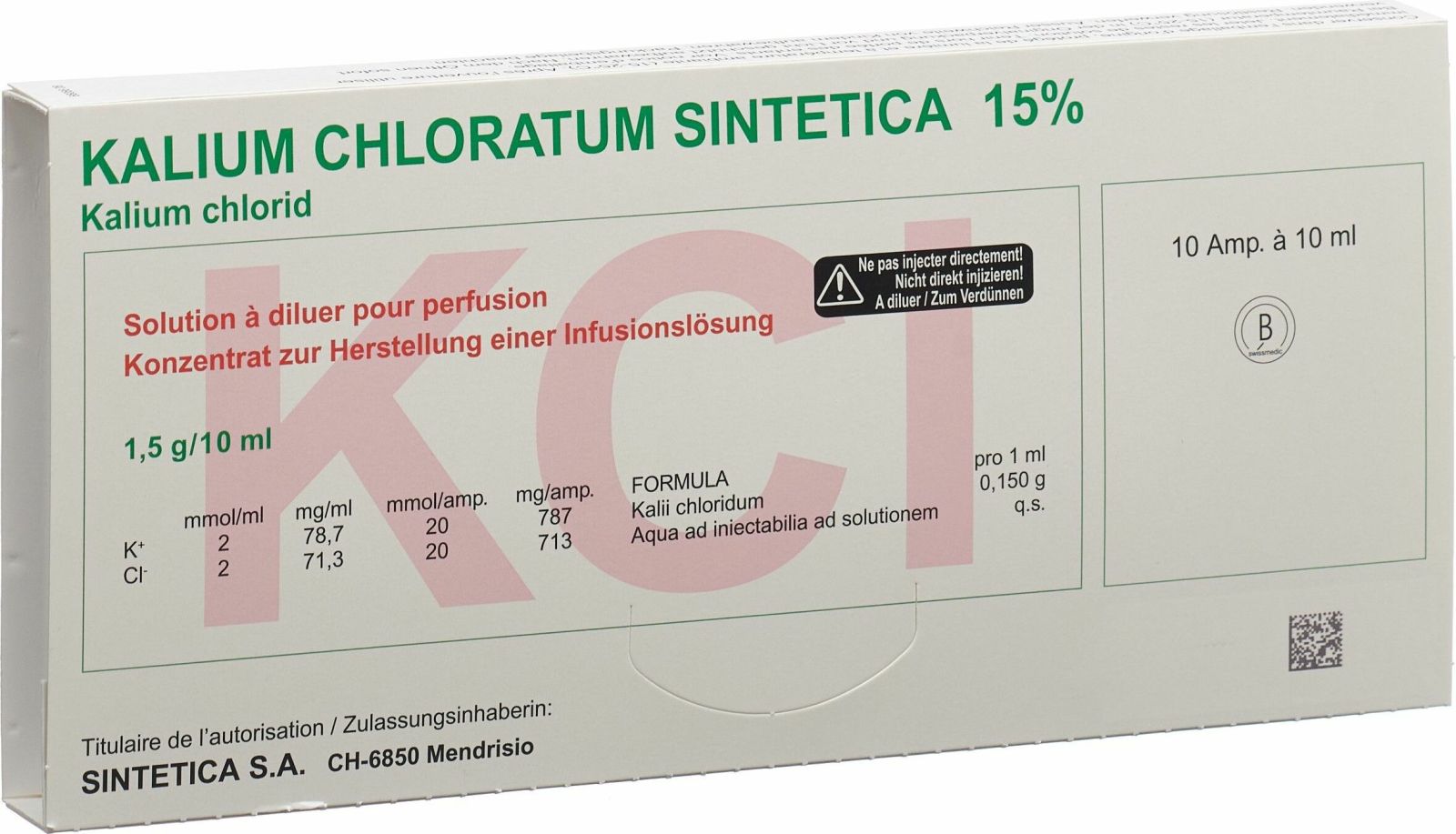 KCL 15% Sintetica 20 mmol/10ml 10 amp 10 ml