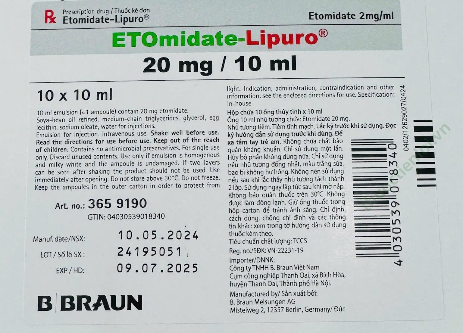 ETOMIDAT Lipuro Braun 20 mg/10ml amp 10 pce