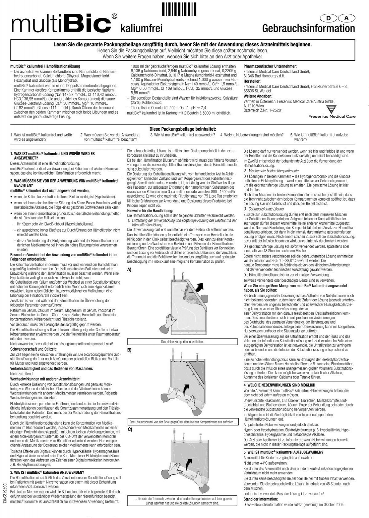 Multibic 3 mmol/l Kalium, Hämofiltrationslösung