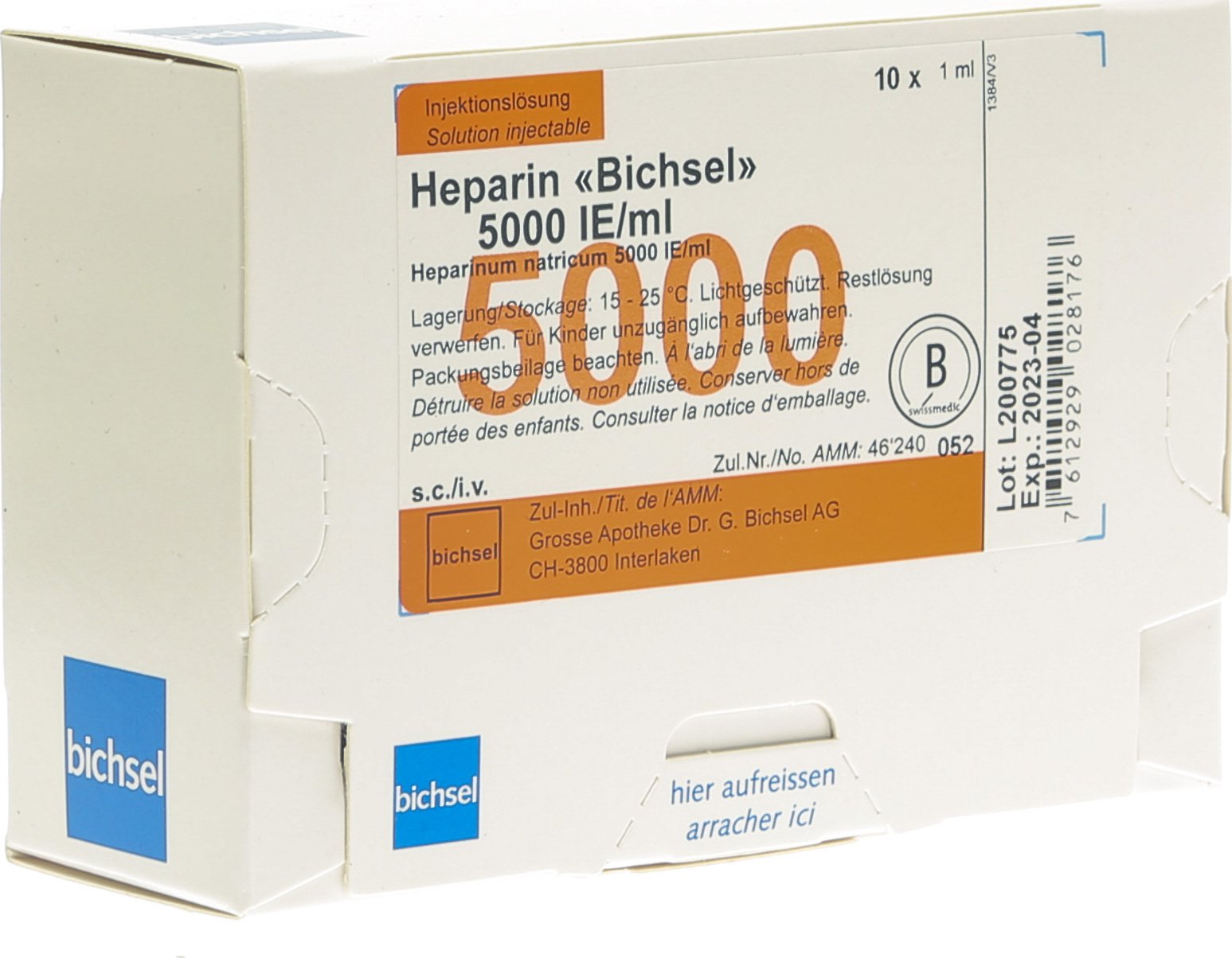 HEPARINE Bichsel 50 UI/ml stérile 10 amp 1 ml