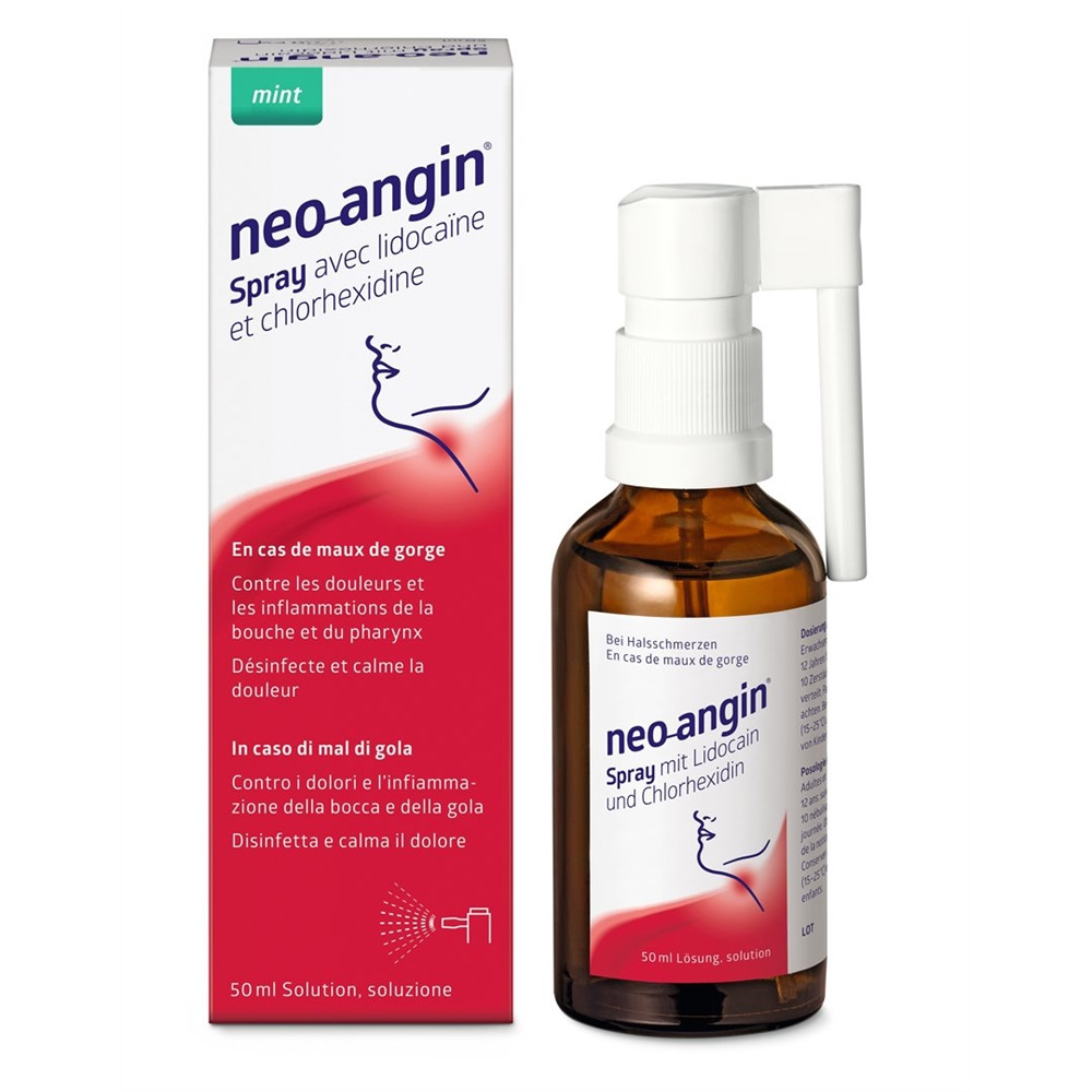 Neo-Angin Spray mit Lidocain und Chlorhexidin, Spray zur Anwendung in der Mundhöhle, Lösung mit Mint-Aroma