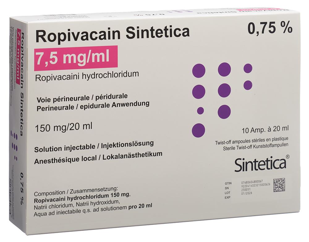 ROPIVACAIN Sintetica 7.5 mg/ml 20ml amp 10 pce