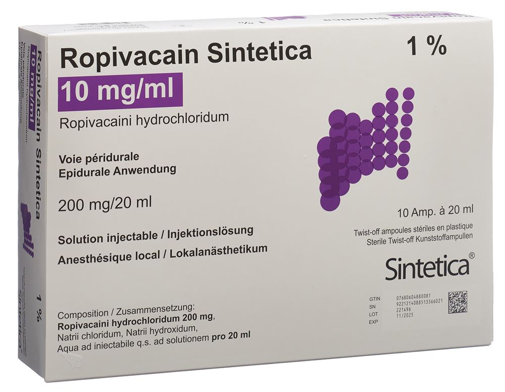ROPIVACAIN Sintetica 10 mg/ml 20ml amp 10 pce