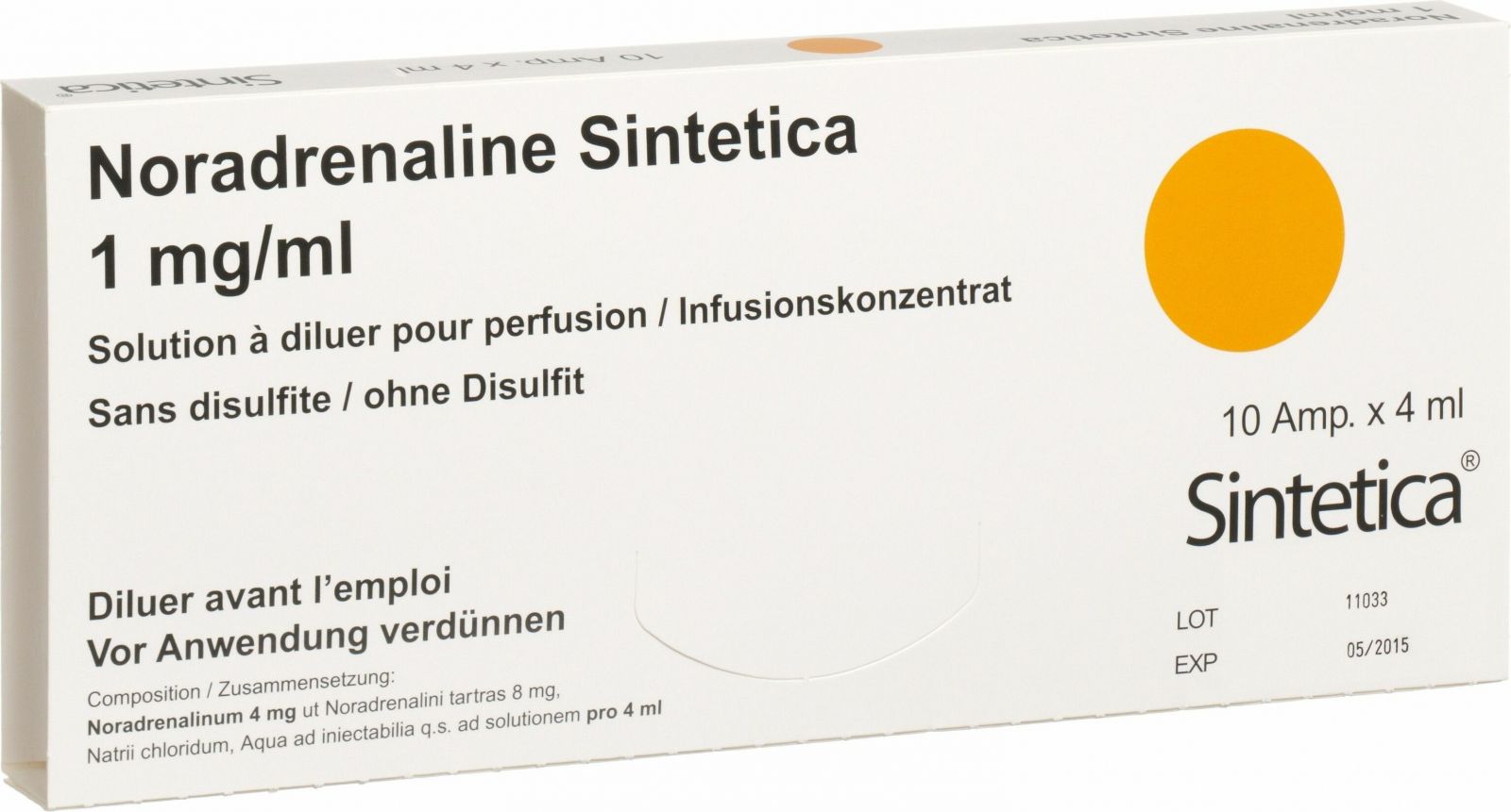 Noradrenalin Sintetica 1 mg/1 ml, concentrato per soluzione per infusione