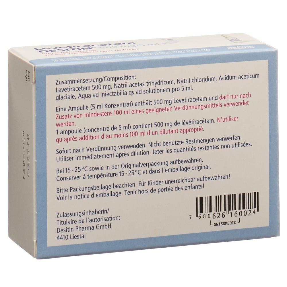 Levetiracetam Desitin 500 mg/5 mL, Konzentrat zur Herstellung einer Infusionslösung
