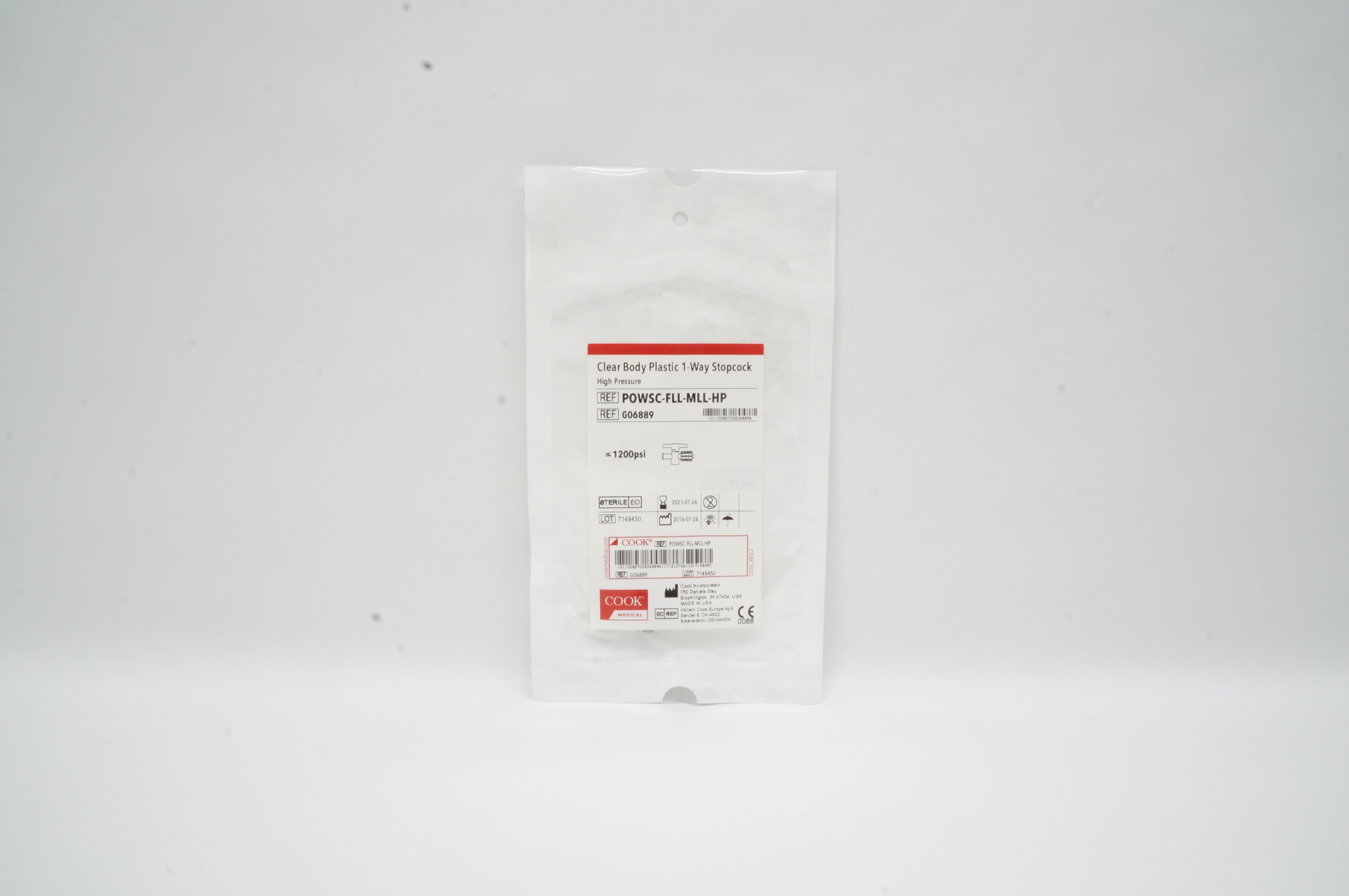 High Pressure One-way Clear Plastic Stopcock, 1 Each
