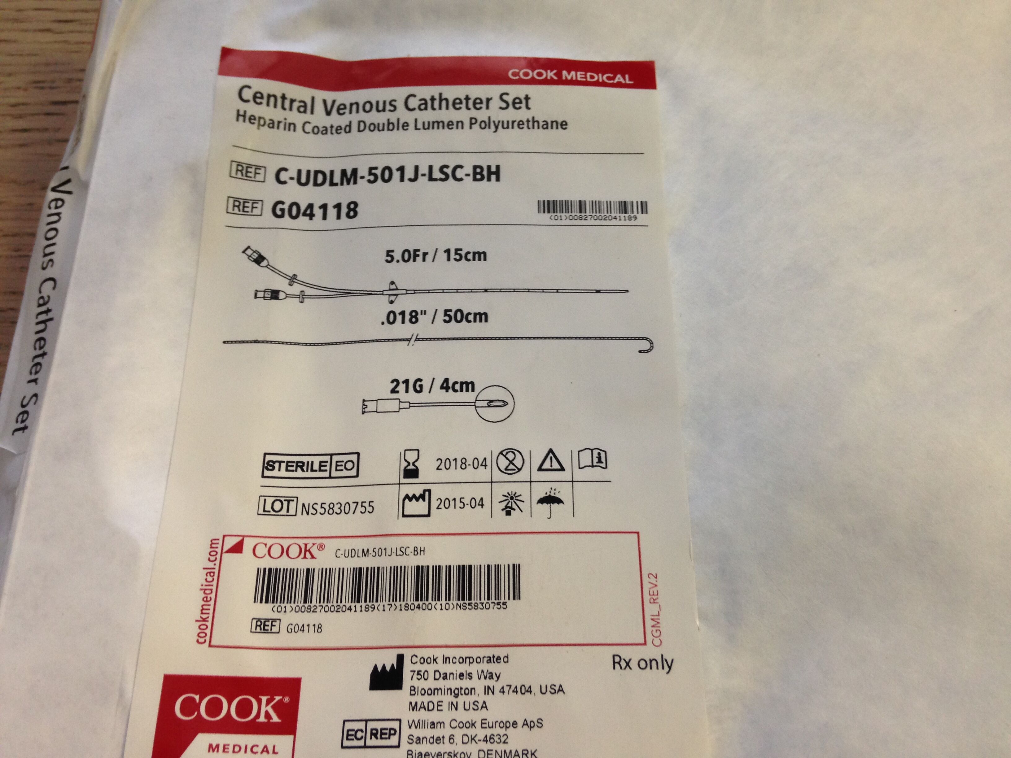 Double Lumen Heparin Coated Central Venous Catheter Set, 1 Set