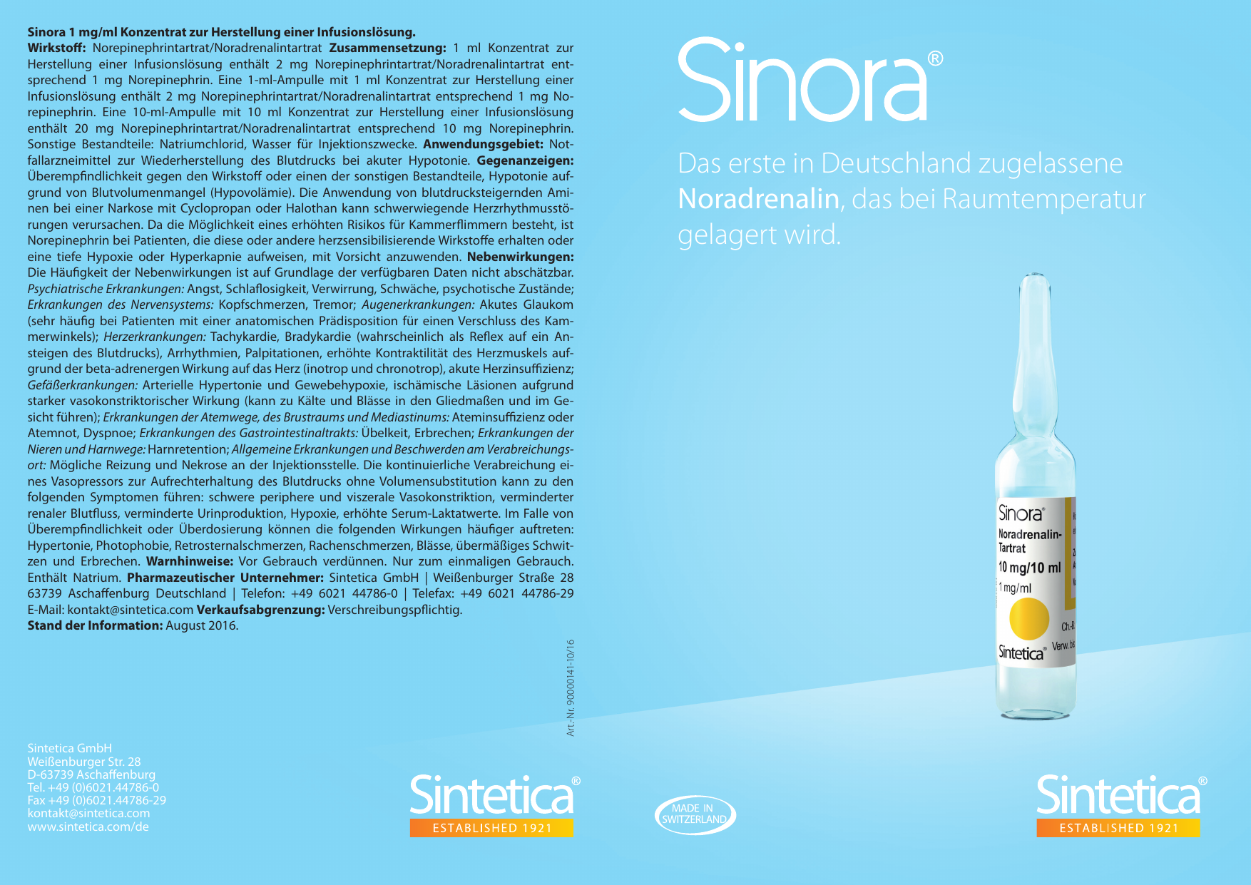 Noradrenalin Sintetica Ultradiluted 0,02 mg/ml, soluzione iniettabile o per infusione